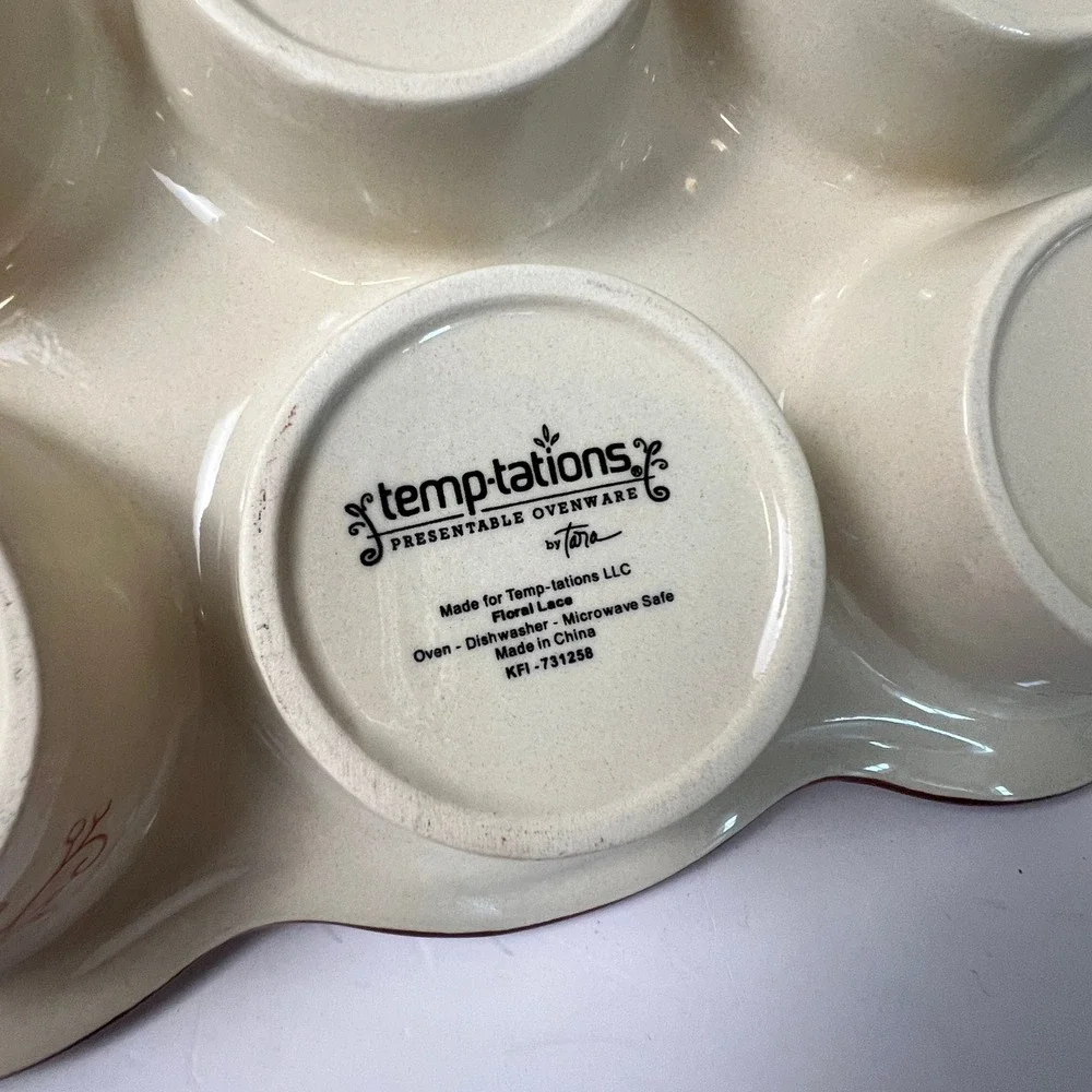 Temp-tations Muffin Pan 6 Cup Cranberry Red Floral Lace Ceramic Stoneware Baker
